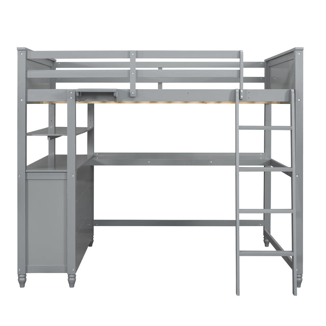 Full size Loft Bed with Drawers and Desk, Wooden Loft Bed with Shelves - Gray(OLD SKU:LT000529AAE)