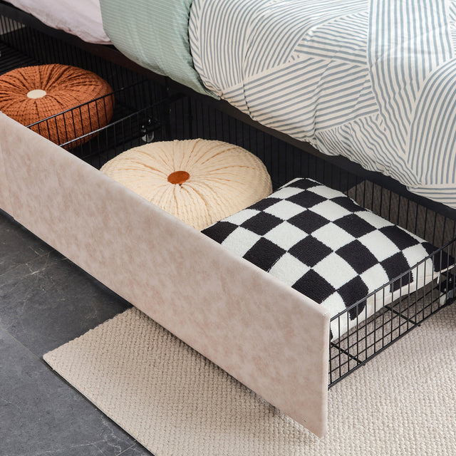 Upholstered Storage Bed Frame with 4 Drawers and Adjustable Headboard, Square Stitched Button Tech cloth, Platform Beds Frame with Wood Slat Support, No Box Spring Needed, Queen Size, Beige