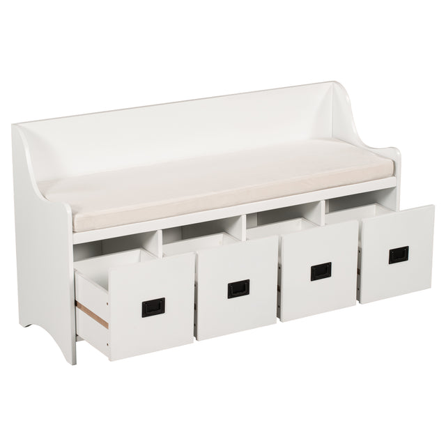 TREXM Movable Cushion Storage Bench with Drawers and Backrest for Entryway and Living Room(White)