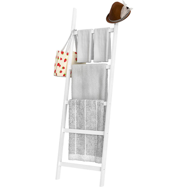 Blanket Ladder, 5-Layer Towel Racks, Blanket Holder with Anti-Slip Construction Home Decor, Decorative Blanket, Quilt, Towel, Scarf Ladder Shelves for Livingroom, Bedroom, Bathroom, White