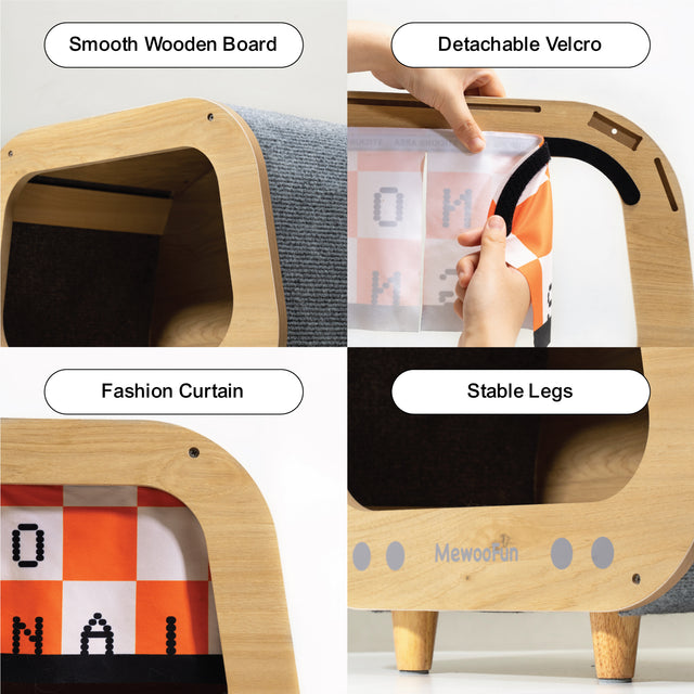 Classic Wooden TV-Shaped Cat Bed, Cat House with Cushion, Grey