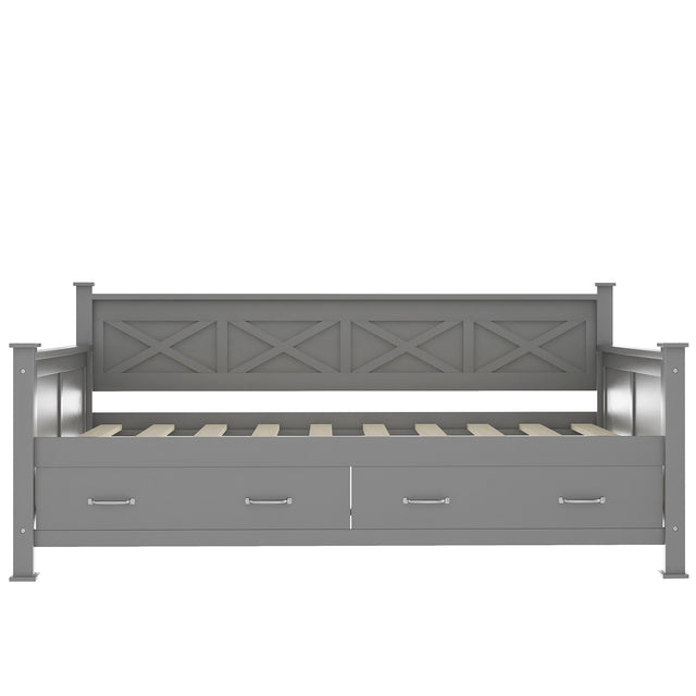 Twin Size Daybed with 2 Large Drawers, X-shaped Frame, Modern and Rustic Casual Style Daybed, Gray(New)