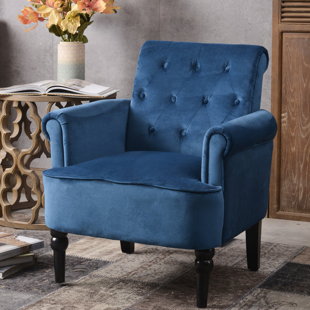 Elegant Button Tufted Club Chair Accent Armchairs Roll Arm Living Room Cushion with Wooden Legs, Navy Blue