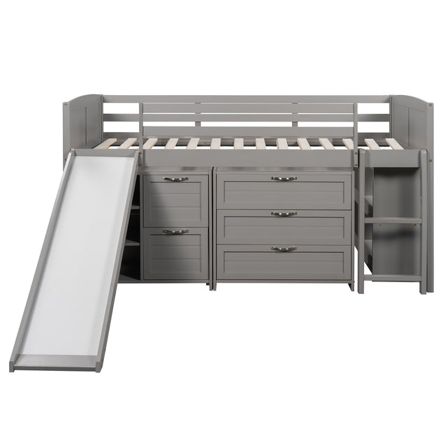 Low Twin Size Loft Bed with Cabinets, Shelves and Slide - Gray(OLD SKU :LP000503AAE)