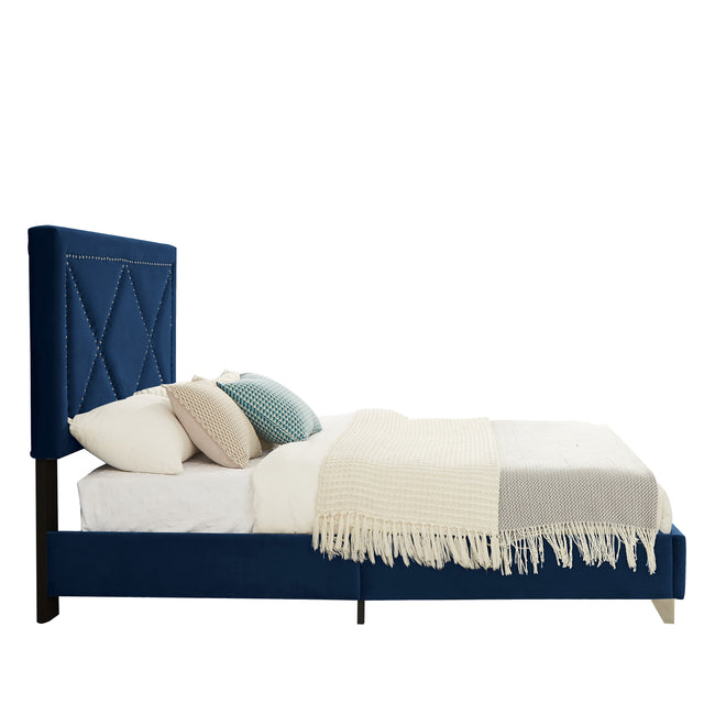 B109 Queen bed with one nightstand,Beautiful brass studs adorn the headboard, strong wooden slats + metal legs with Electroplate