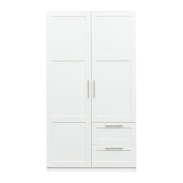 High wardrobe and kitchen cabinet with 2 doors, 2 drawers and 5 storage spaces,white