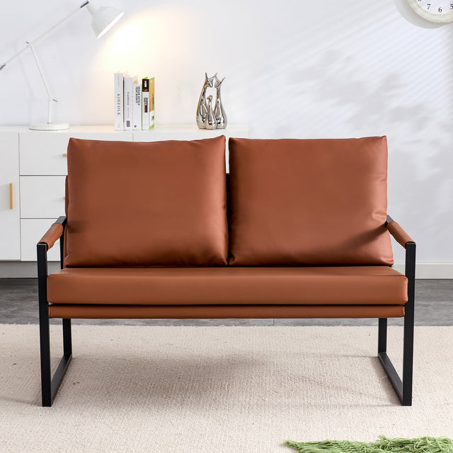 Modern Two-Seater Sofa Chair with 2 Pillows - PU Leather, High-Density Foam, Black Coated Metal Frame.Brown