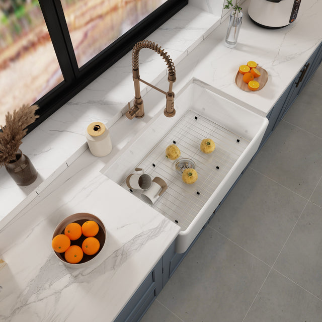 Fireclay Farmhouse Kitchen Sink 36 inch Single Bowl Apron Sink with Bottom Grid in & Drain , White Color