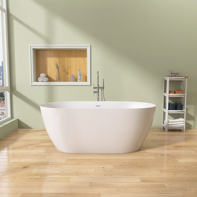 67" Acrylic Free Standing Tub - Classic Oval Shape Soaking Tub, Adjustable Freestanding Bathtub with Integrated Slotted Overflow and Chrome Pop-up Drain Anti-clogging Gloss White