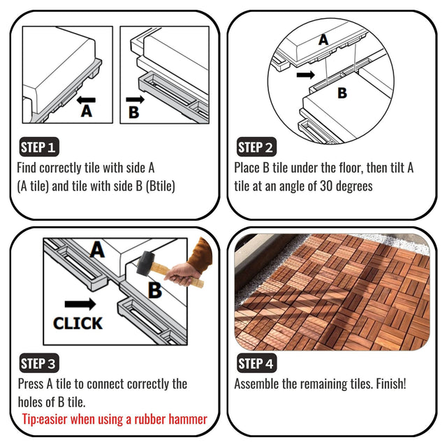 10 PCS Interlocking Deck Tiles Checker Pattern, 12" x 12" Square Acacia Hardwood Outdoor Flooring for Patio, Bancony, Pool Side,...