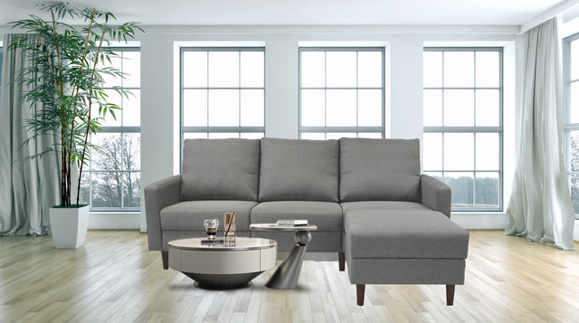 Redde Boo modern light gray fabric L shaped sofa, full K/D 3 seater sofa and stool with storage for living room sofa set