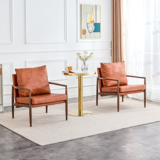 Sofa Chair Set of 2.PU Leather Accent Arm Chair Mid Century Modern Upholstered Armchair with Imitation solid wood Walnut color Metal Frame Extra-Thick Padded Backrest and Seat Cushion Sofa Chairs
