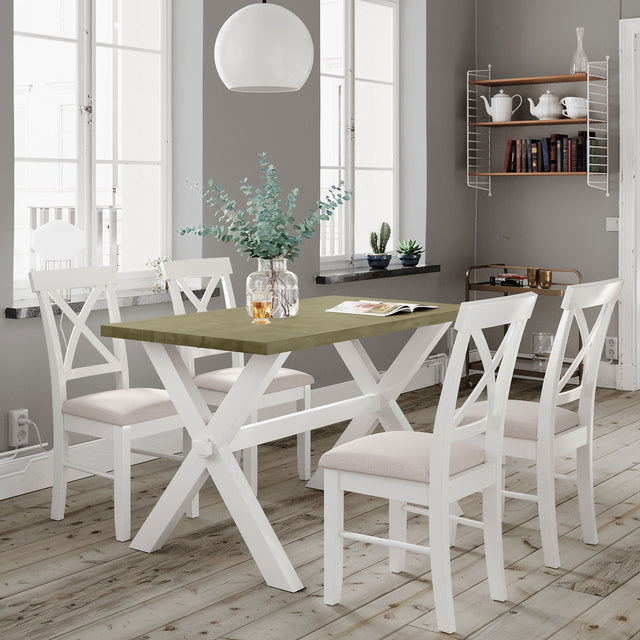 TOPMAX 5 Pieces Farmhouse Rustic Wood Kitchen Dining Table Set with Upholstered 4 X-back Chairs, Gray Green+White+Beige