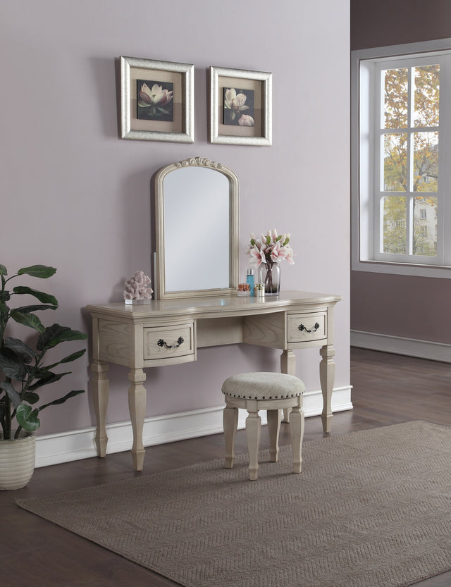 Bedroom Classic Vanity Set Wooden Carved Mirror Stool Drawers Antique White
