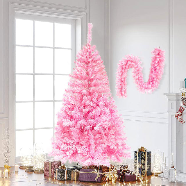 Pre-lit Artificial Christmas 2-Piece Set, Xmas Tree 5FT Pink Christmas Tree with 6 feet Garland X-mas