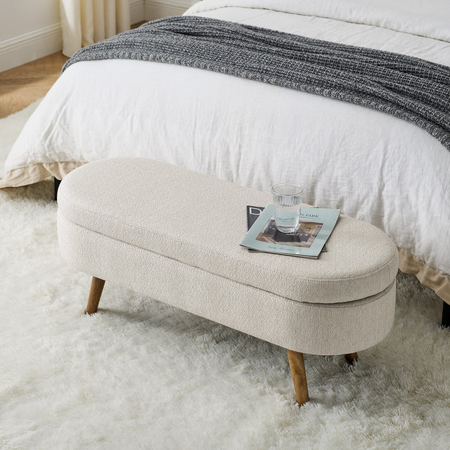 Ottoman Oval Storage Bench, Rubber Wood Legs, Beige(43.5“x16”x16“)