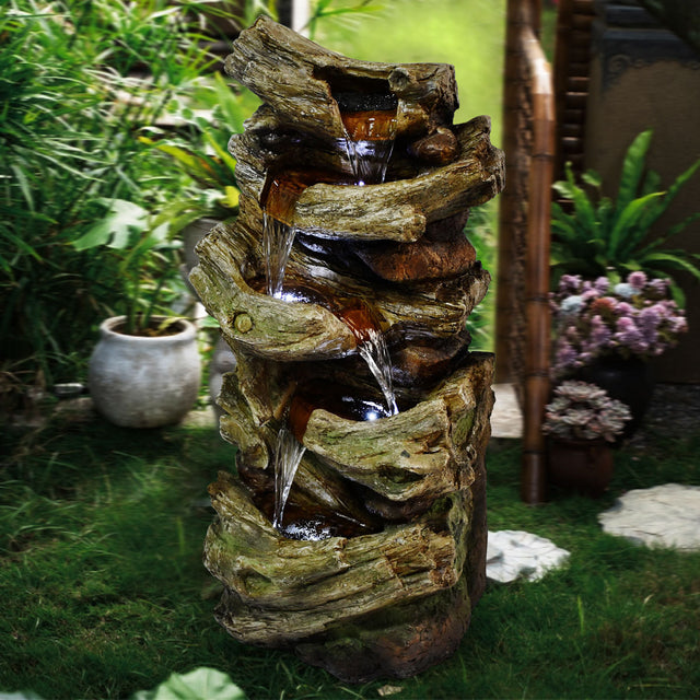 Indoor Outdoor 5-Tier Floor Rack Water Fall Fountain with White LED Light for Patio Yard Garden Lawn