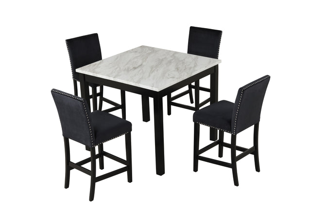 5-piece Counter Height Dining Table Set with One Faux Marble Dining Table and Four Upholstered-Seat Chairs,for Kitchen and Living room ,Table : 42" L x42" Wx36"H,Chair: 18.5" Lx23.2" Dx39.8" H,Black