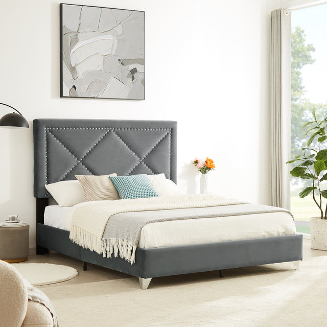 B109 Soft mattress with copper nail headboard, Queen bed, strong wooden slats + metal support feet, Gray Flannelette