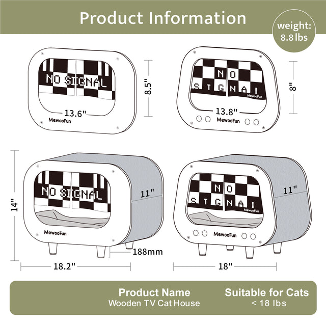 Classic Wooden TV-Shaped Cat Bed, Cat House with Cushion, Grey