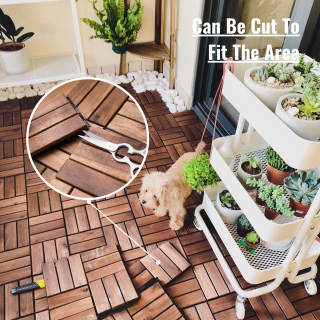 10 PCS Interlocking Deck Tiles Checker Pattern, 12" x 12" Square Acacia Hardwood Outdoor Flooring for Patio, Bancony, Pool Side,...