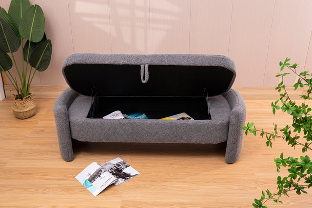 2152 Footstool with storage function gray teddy fabric suitable for hallway bedroom living room