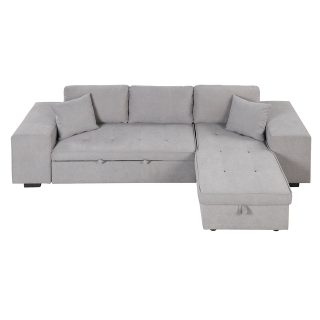 104" Pull Out Sleeper Sofa Reversible L-Shape 3 Seat Sectional Couch with Storage Chaise and 2 Stools for Living Room Furniture Set,Gray