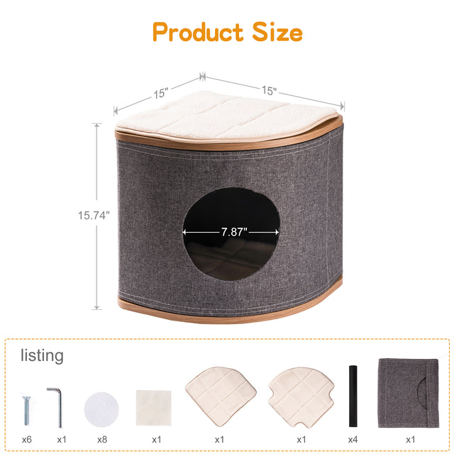Cat House Cat Bed for Cats, Wooden Corner Cat House Cave with 2 Washable Cushions