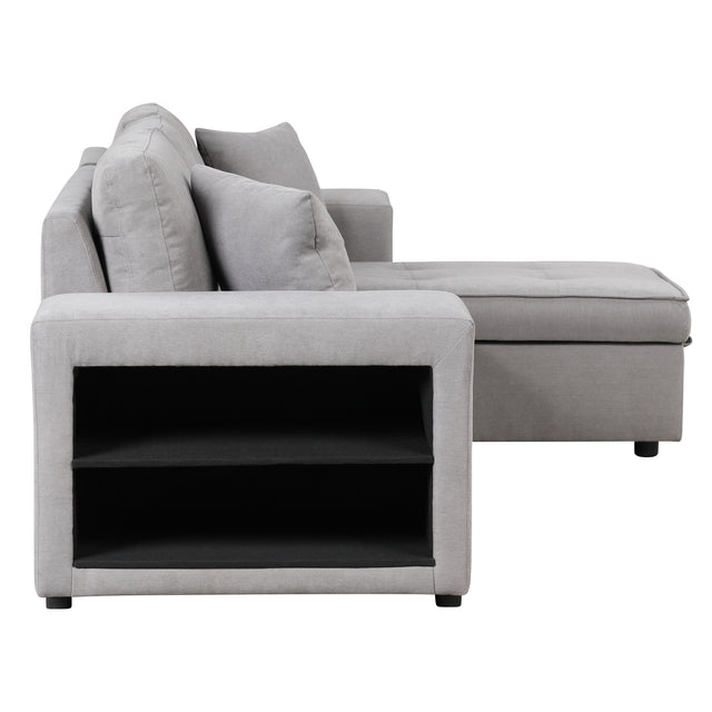 104" Pull Out Sleeper Sofa Reversible L-Shape 3 Seat Sectional Couch with Storage Chaise and 2 Stools for Living Room Furniture Set,Gray