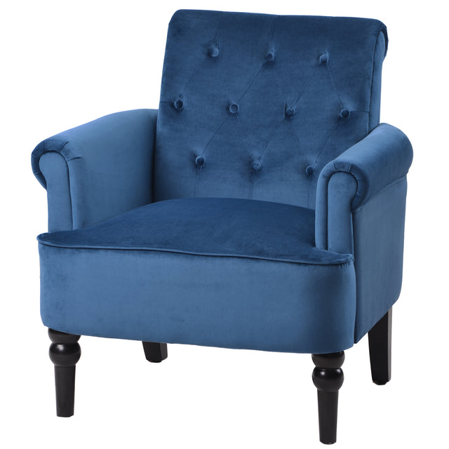 Elegant Button Tufted Club Chair Accent Armchairs Roll Arm Living Room Cushion with Wooden Legs, Navy Blue