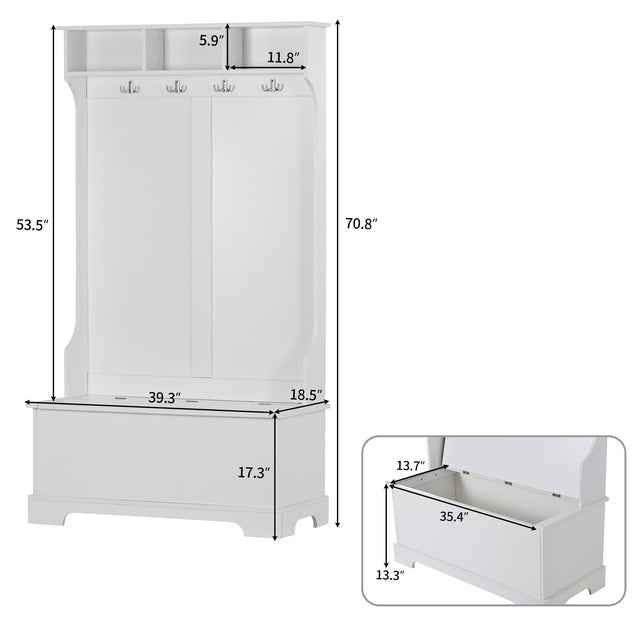 ON-TREND Hall Tree with 4 Hooks and Hinged Lid, Coat Hanger, Entryway Bench, Storage Bench, 3-in-1 Design, for Entrance, Hallway (White)