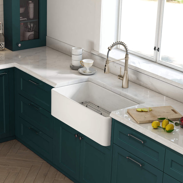 33 Inch Fireclay Farmhouse Kitchen Sink White Single Bowl Apron Front Kitchen Sink, Bottom Grid and Kitchen Sink Drain Included