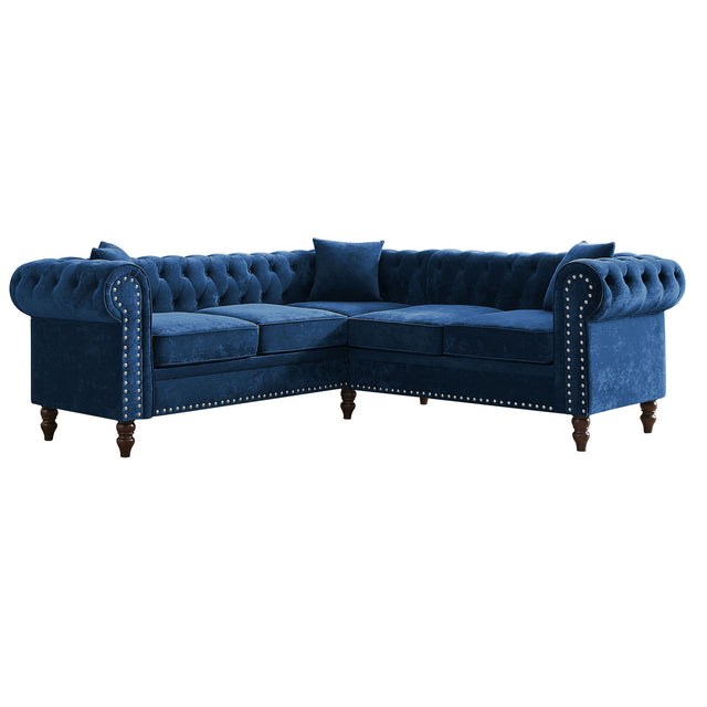 MH 80" Deep Button Tufted Upholstered Roll Arm Luxury Classic Chesterfield L-shaped Sofa 3 Pillows Included, Solid Wood Gourd Legs, Blue velvet