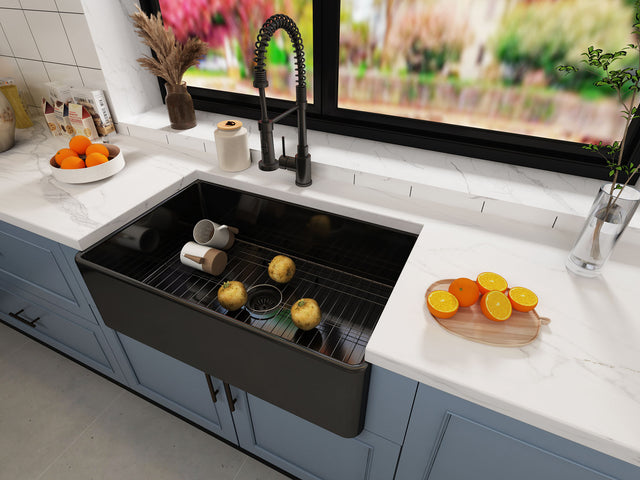 Matt Black Fireclay Farmhouse Kitchen Sink 33 inch Single Bowl Apron Sink with Bottom Grid in & Drain , Black Color