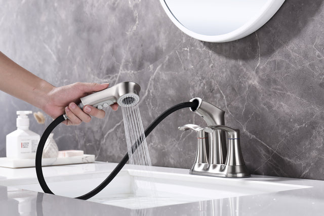 Bathroom Faucets for Sink 3 Hole,Brushed Nickel Bathroom Faucet with Pull Out Multi Functional Sprayer,Vanity Sink Faucet 2 Handle Centerset 4 inch Pull Down Faucet with 2 Water Lines,RV Camper Faucet