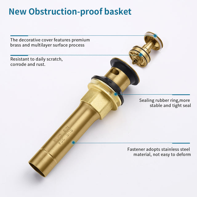 Bathroom Sink Drain Vanity Sink Drain with Strainer Basket Brushed Gold