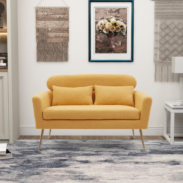 51"W Modern Boucle Loveseat Small Sofa Small Mini Room Couch Two-Seater Sofa With 2 Throw Pillows Gold Metal Legs for Small Space Office Studio Apartment Bedroom, Yellow Boucle