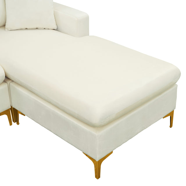 【EAT 3.10】110.6" Sectional Sofa with Ottoman, L-Shape Elegant Velvet Upholstered Couch with 2 Pillows for Living Room Apartment,Cream White