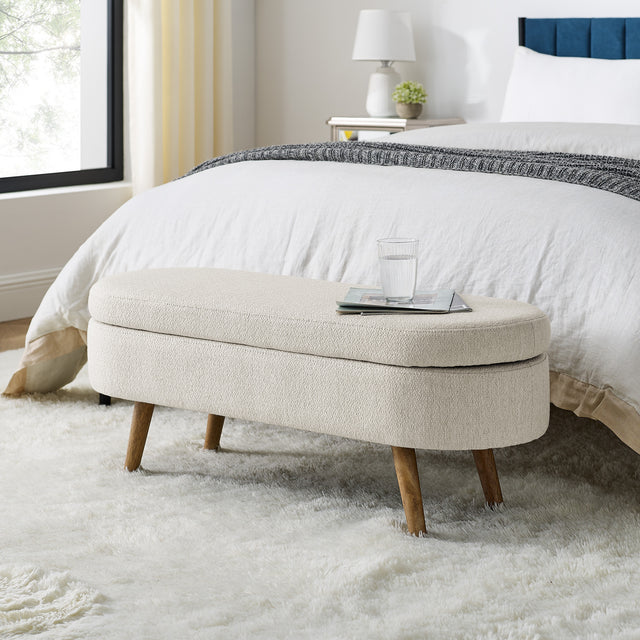 Ottoman Oval Storage Bench, Rubber Wood Legs, Beige(43.5“x16”x16“)