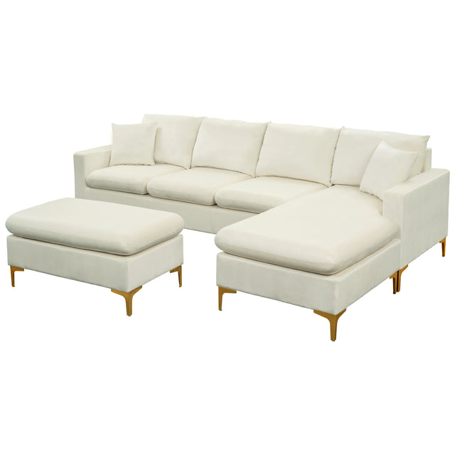 【EAT 3.10】110.6" Sectional Sofa with Ottoman, L-Shape Elegant Velvet Upholstered Couch with 2 Pillows for Living Room Apartment,Cream White