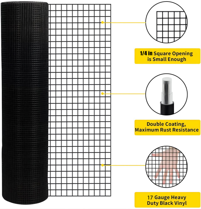 48 inch×50 ft Black Vinyl Coated Hardware Cloth, 17 Gauge 1/2 inch Black PVC Hardware Cloth, Black Welded Wire Fence Supports Poultry-Netting Cage-Home Improvement and Chicken Coop