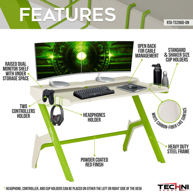 Techni Sport Ergonomic Computer Gaming Desk Workstation with Cupholder & Headphone Hook, Green