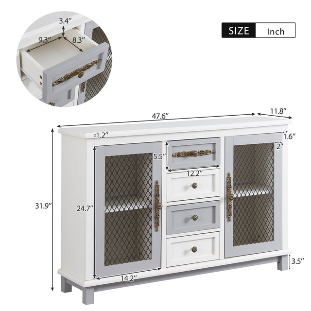 TREXM Retro Style Cabinet with 4 Drawers of the Same Size and 2 Iron Mesh Doors for Living Room and Entryway