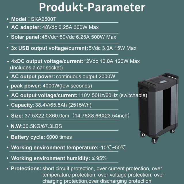Trolley case, 2515Wh portable power station, for outdoor travel, home backup power, 3×AC120V output, a total of 2000W stable output power, peak power 4000W, LCD display, 3×DC5V/3A USB, 3×DC12V/10A out