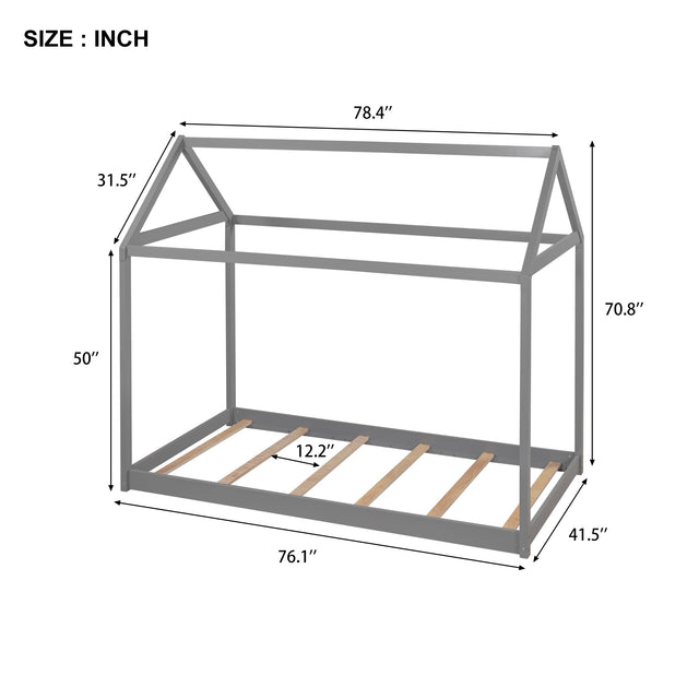 Twin Size Wooden House Bed, Gray(New)