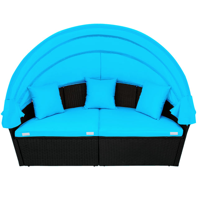 Outdoor rattan daybed sunbed with Retractable Canopy Wicker Furniture, Round Outdoor Sectional Sofa Set, black Wicker Furniture Clamshell Seating with Washable Cushions, Backyard, Porch, Blue.