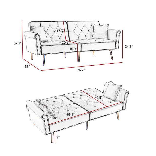 Modern Velvet Tufted Sofa Couch with 2 Pillows and Nailhead Trim, Loveseat Sofa Futon Sofa Bed with Metal Legs for Living Room.