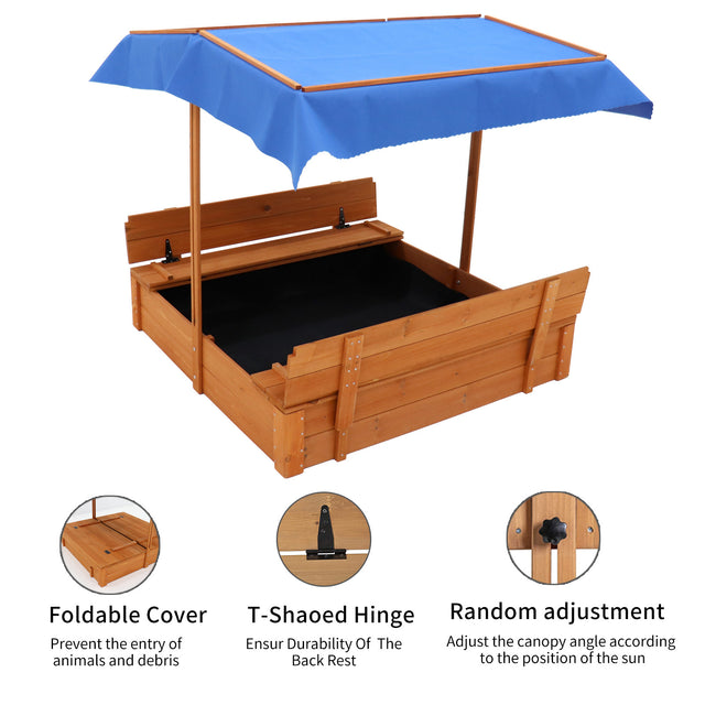 Wood Sandbox with Cover, Sand Box with 2 Bench Seats for Aged 3-8 Years Old, Sand Boxes for Backyard Garden, Sand Pit for Beach Patio Outdoor (Natural Wood)