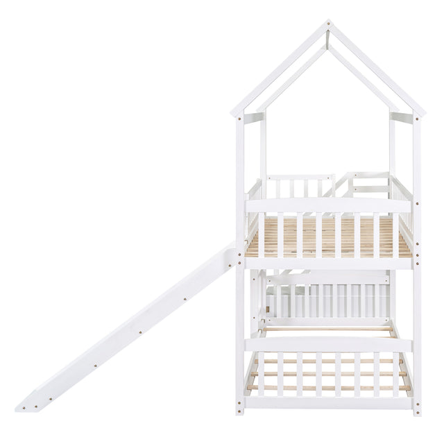 Twin Over Twin Bunk Bed with Drawers and Slide, House Bed with Slide,White(OLD SKU :LT000215AAK)