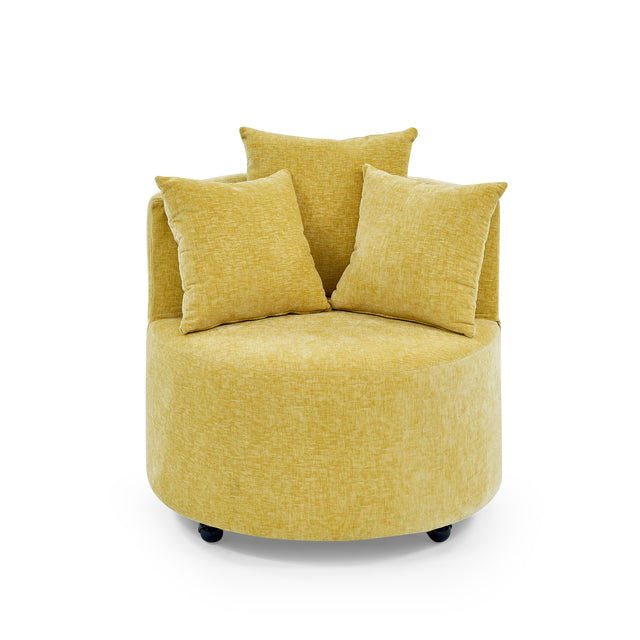 Modern Chenille Upholstered Swivel Backrest Chair for Living Room, with Movable Wheels, Including 3 Pillows, Yellow